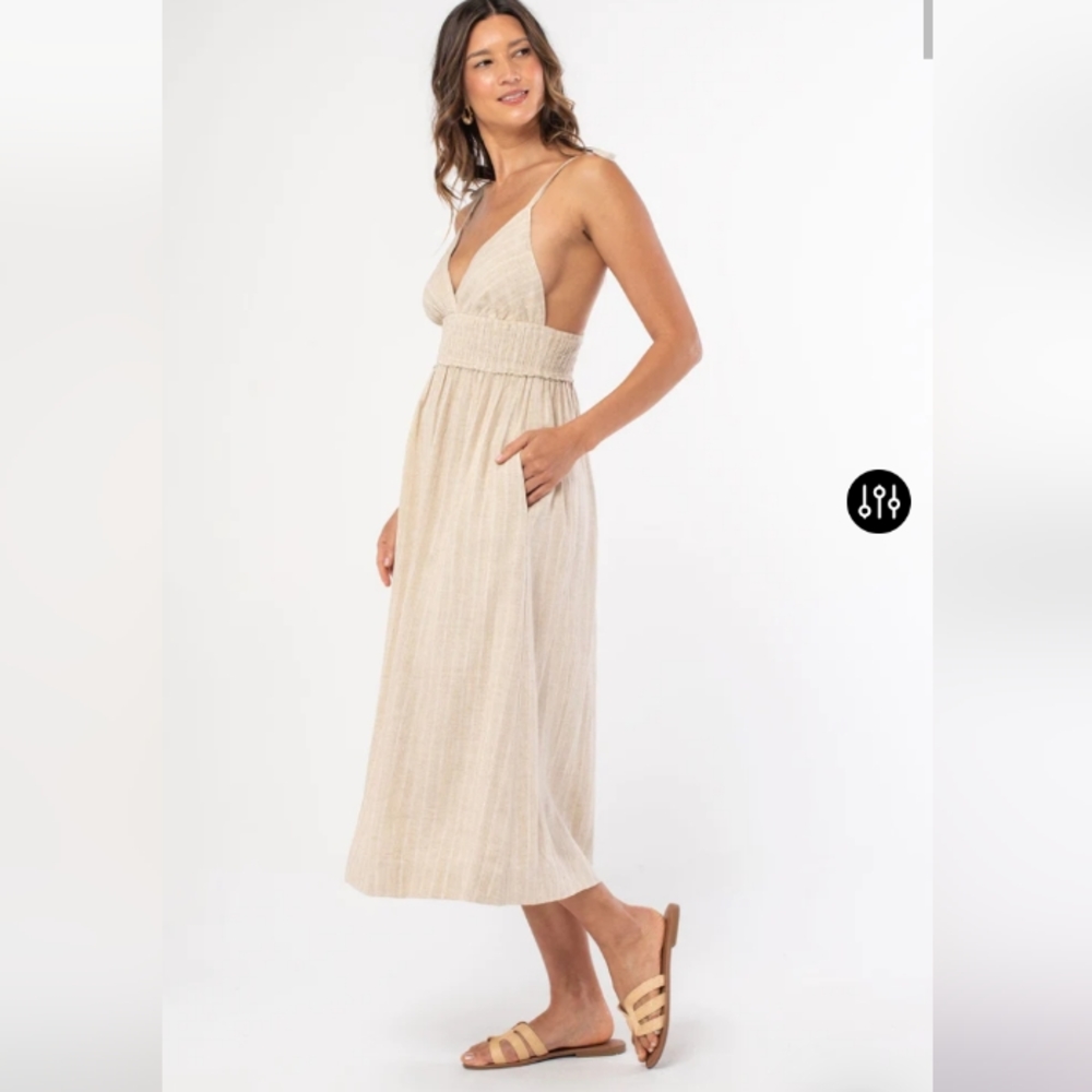 NWT Lovestitch Sunrise Highway Beige and White Linen/Rayon Midi Dress size Large